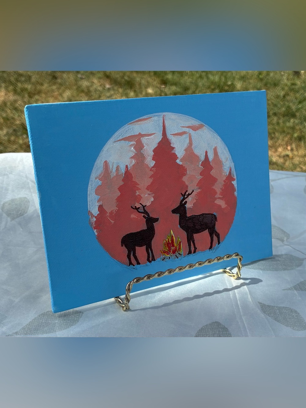 Hand-Painted Holiday Deer Scene Wall Art - Blue & Red